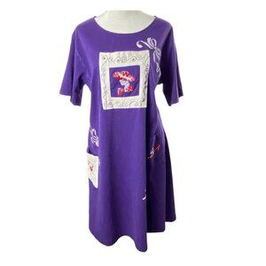 Vtg COVER CHARGE Women Short Sleeve Painted Dress Sz L Purple Art to Wear 28-10